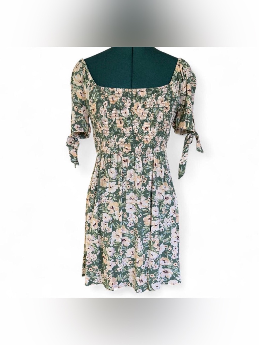 American Eagle Outfitters Green Floral Smocked Tie-Sleeve Mini Dress
